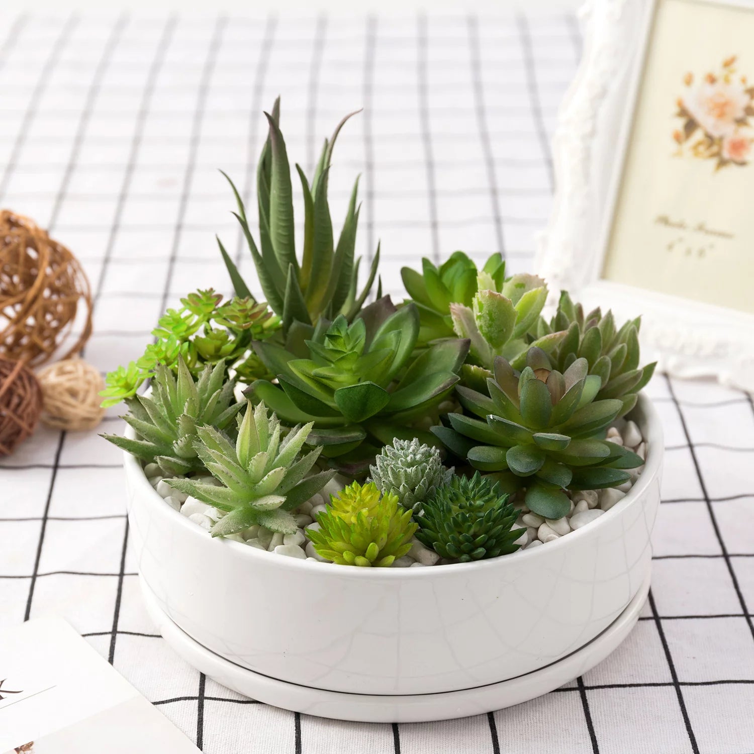 White Ceramic Round Succulent Planter W876645
