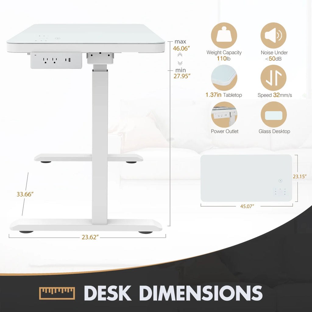 White Electric Glass Standing Desk with Drawers J703
