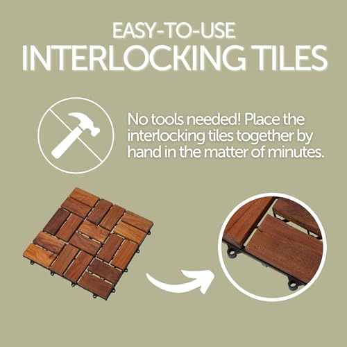 Teak Interlocking Tiles Wooden Floor Tile Set 10 Square Feet 12" x 12" 9 Slat Design Oiled Finish T619720