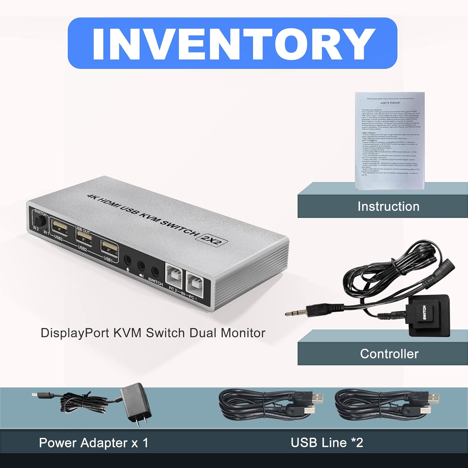 KVM Switch Dual Monitor DisplayPort 4K 60Hz with USB 2.0 Hub and Audio Output P7902
