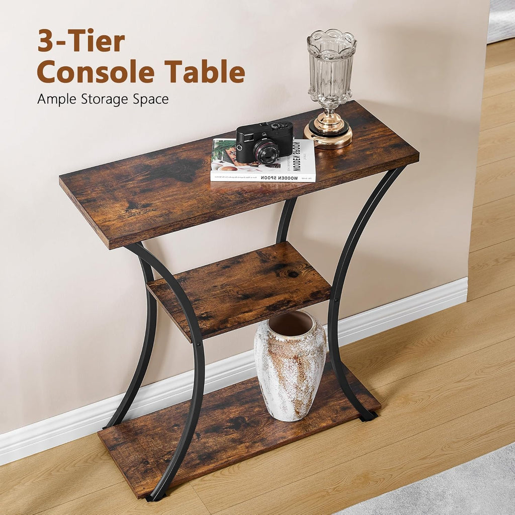 Rustic Brown+Black 3 Tier Console Table with Open Wood Shelves O949