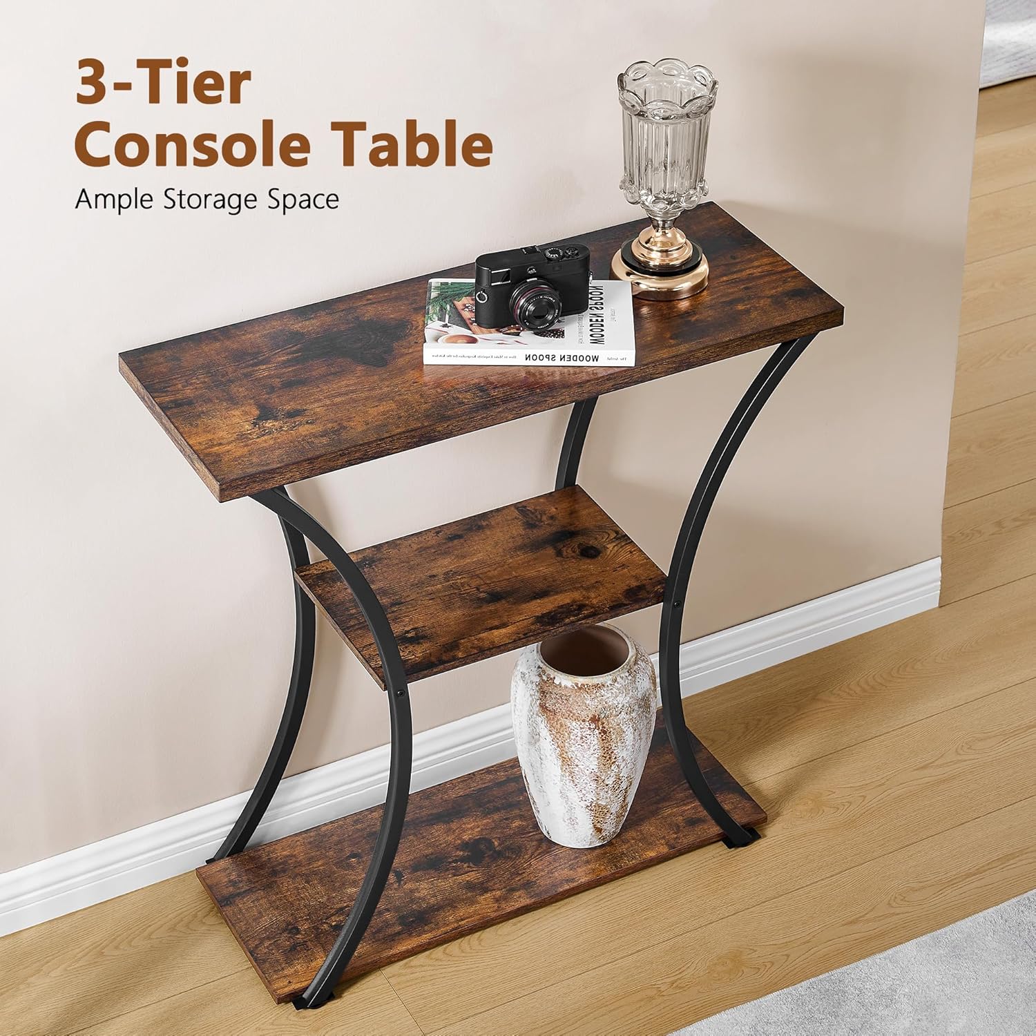 Rustic Brown+Black 3 Tier Console Table with Open Wood Shelves O949