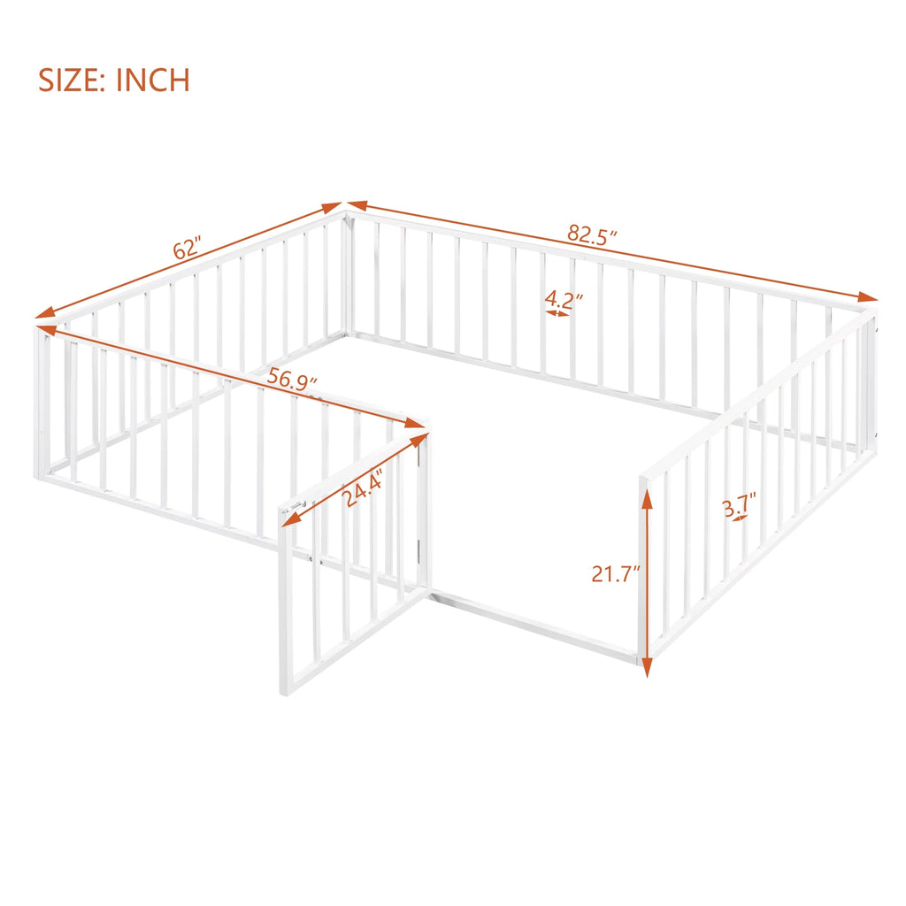 White Queen Metal Floor Bed with Fence Rails and Lockable Door G881553