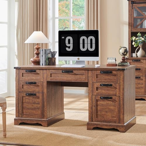 60" Farmhouse Desk with Drawers, Charging Station, Keyboard Tray, File Drawer, Storage Cabinet (Natural Oak) O70035