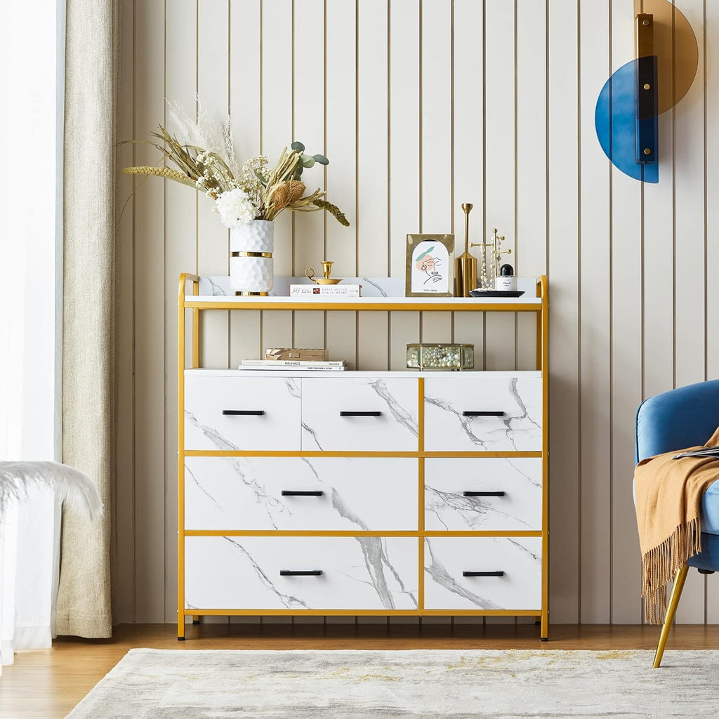 White 7 Drawer Chest of Drawers with Steel Frame and Wood Top B231402