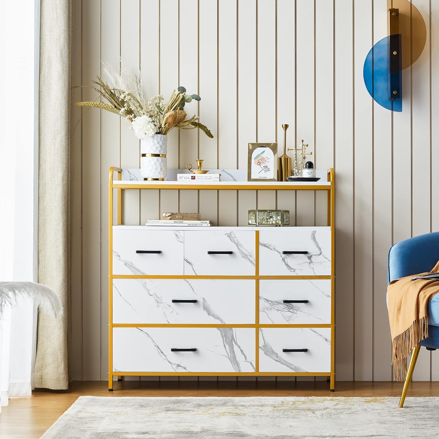 White 7 Drawer Chest of Drawers with Steel Frame and Wood Top B231402