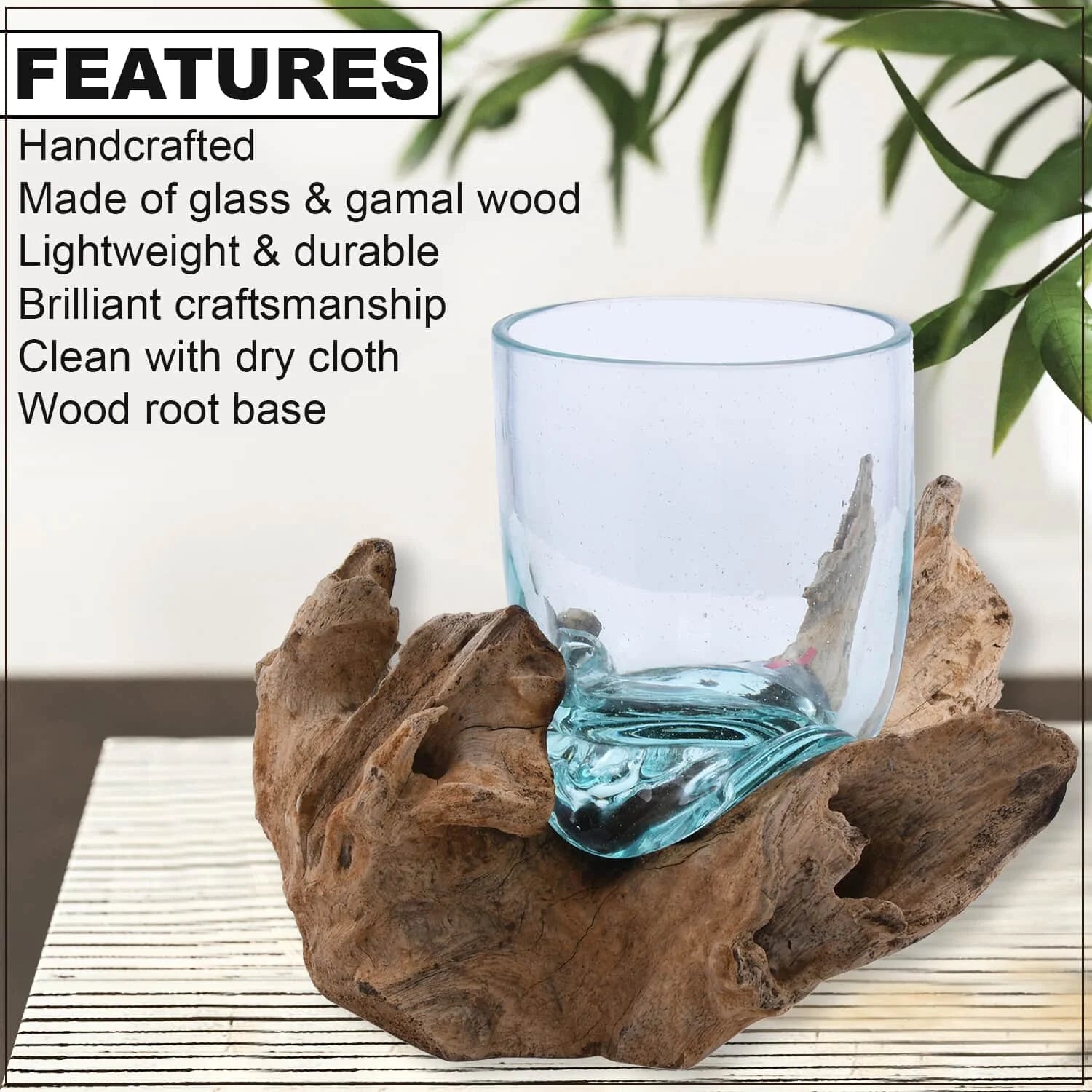 Handblown Molten Drinking Glass with Wood Base Z7206