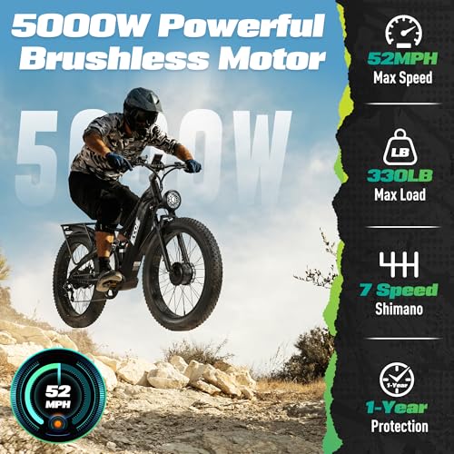 5000W Dual Motor Electric Bike with 60V 32AH Battery 26x4 Fat Tire Full Suspension 7-Speed Gear Z110687