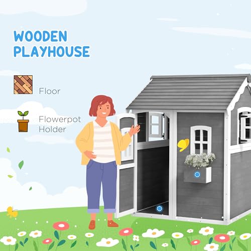Gray Wooden Playhouse with Floor, Door, Windows & Planter Box F3061
