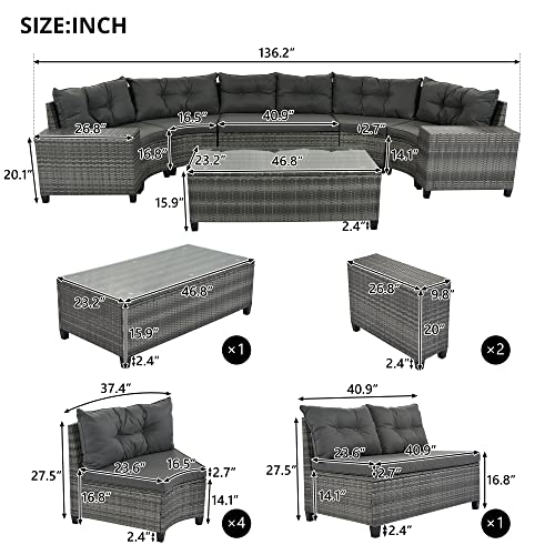 8 Piece Half Moon Sectional Patio Furniture Set with Washable Cushions and Glass Coffee Table T337