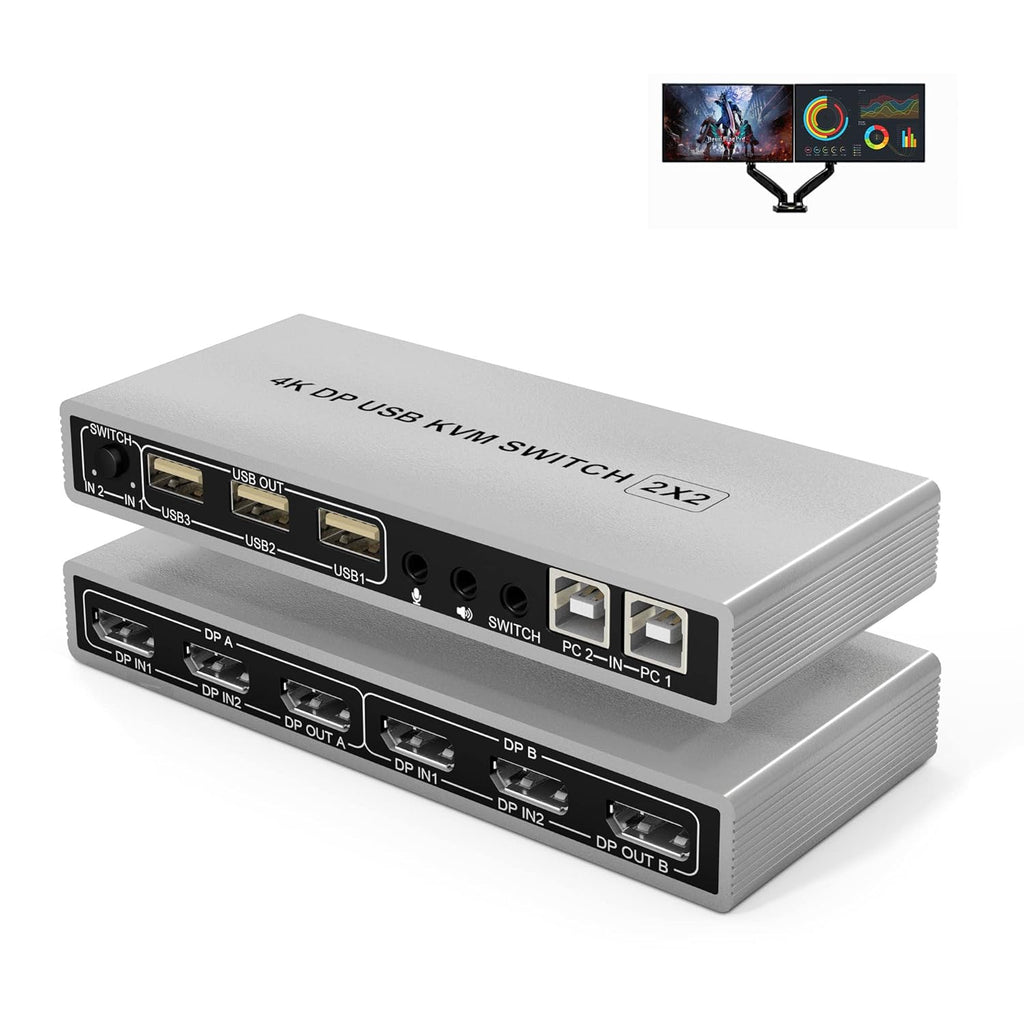 KVM Switch Dual Monitor DisplayPort 4K 60Hz with USB 2.0 Hub and Audio Output P7902