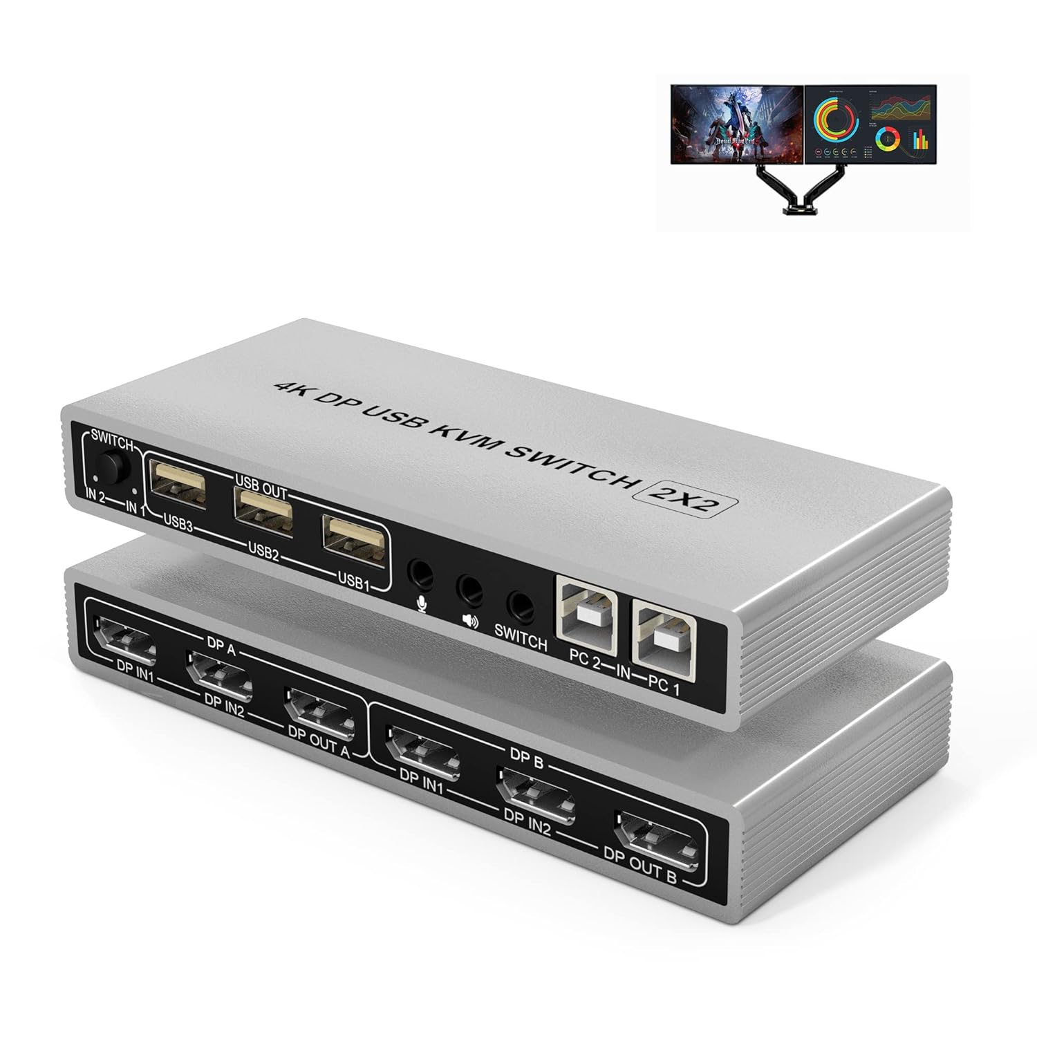 KVM Switch Dual Monitor DisplayPort 4K 60Hz with USB 2.0 Hub and Audio Output P7902