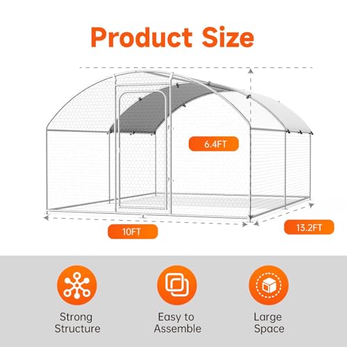 Large Metal Chicken Run Poultry Cage with Water-Resident and Anti-UV Cover, Spire Roof (10’ W x 13.2’ L x 6.4’ H) A318