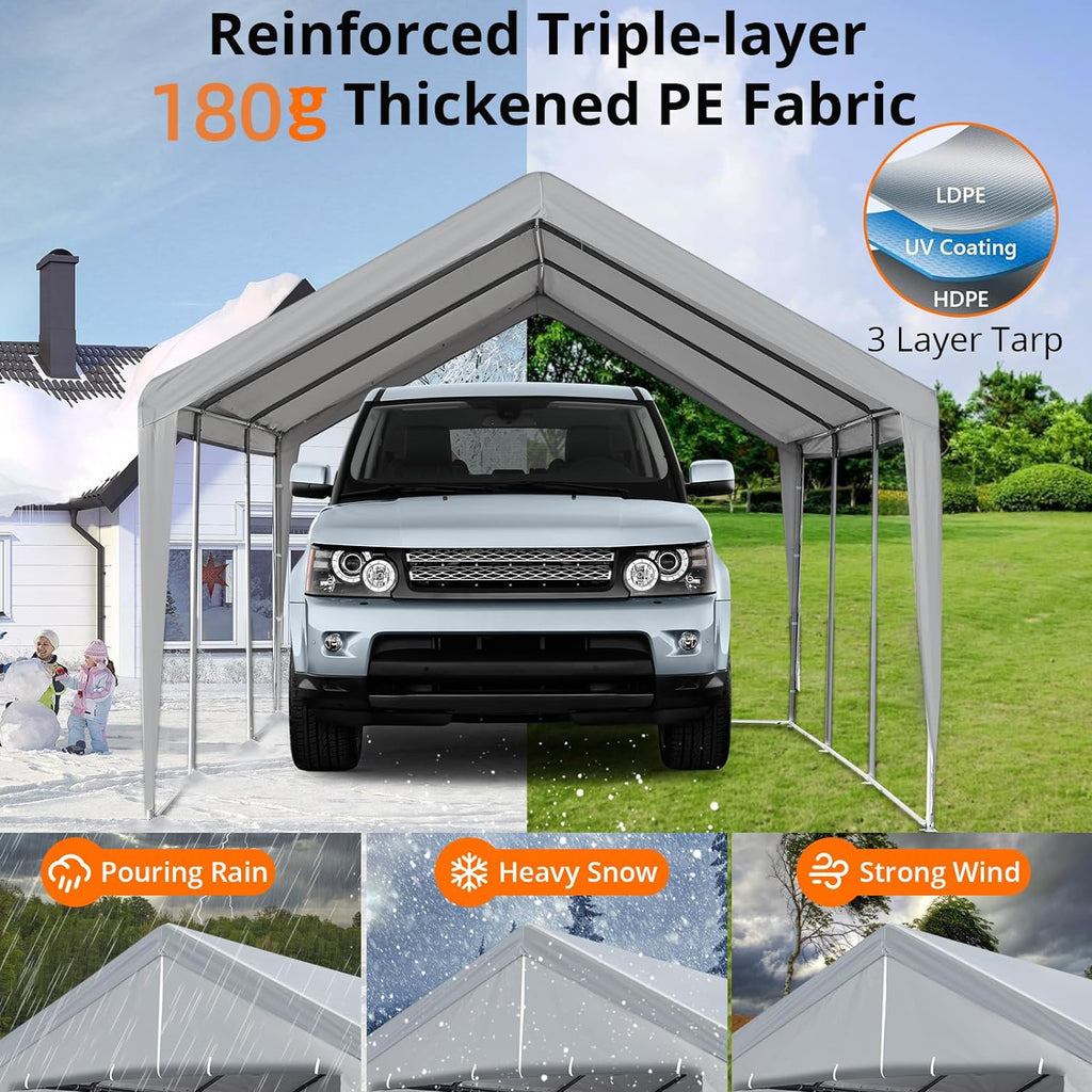Grey Heavy Duty Metal Frame Carport 13×20 FT with Removable Sidewall & Door K9684