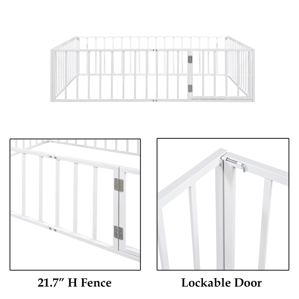 White Queen Metal Floor Bed with Fence Rails and Lockable Door G881553