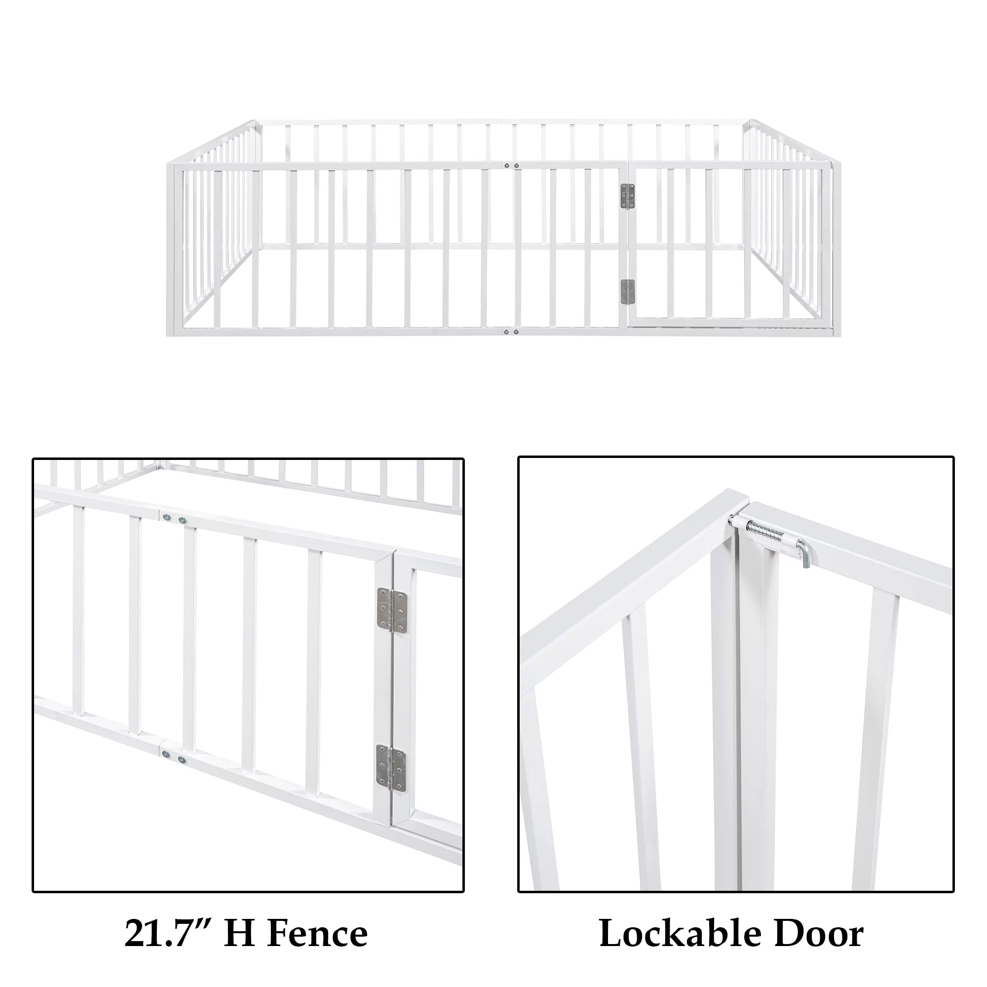 White Queen Metal Floor Bed with Fence Rails and Lockable Door G881553
