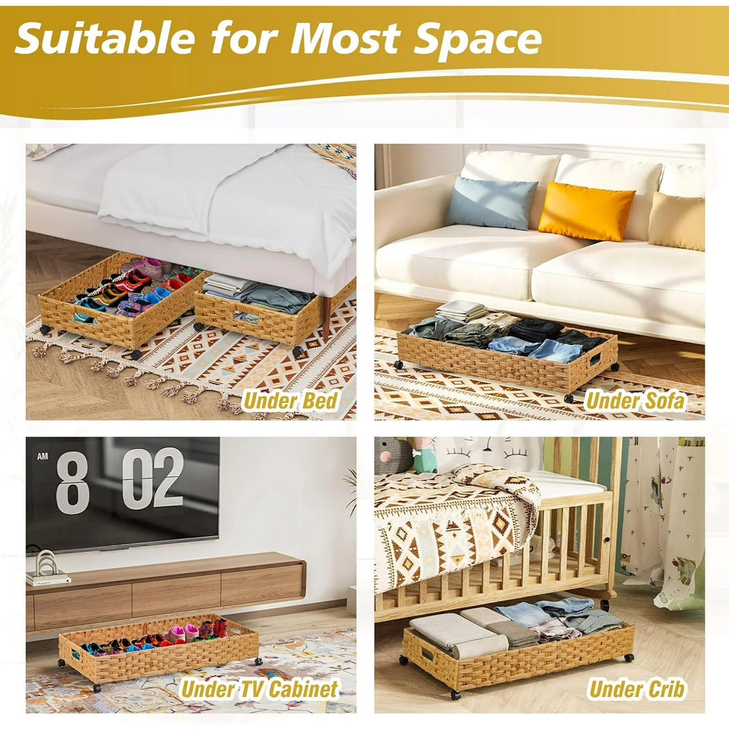 2 Pack 31.5in Rolling Rattan Under Bed Storage Bins S546