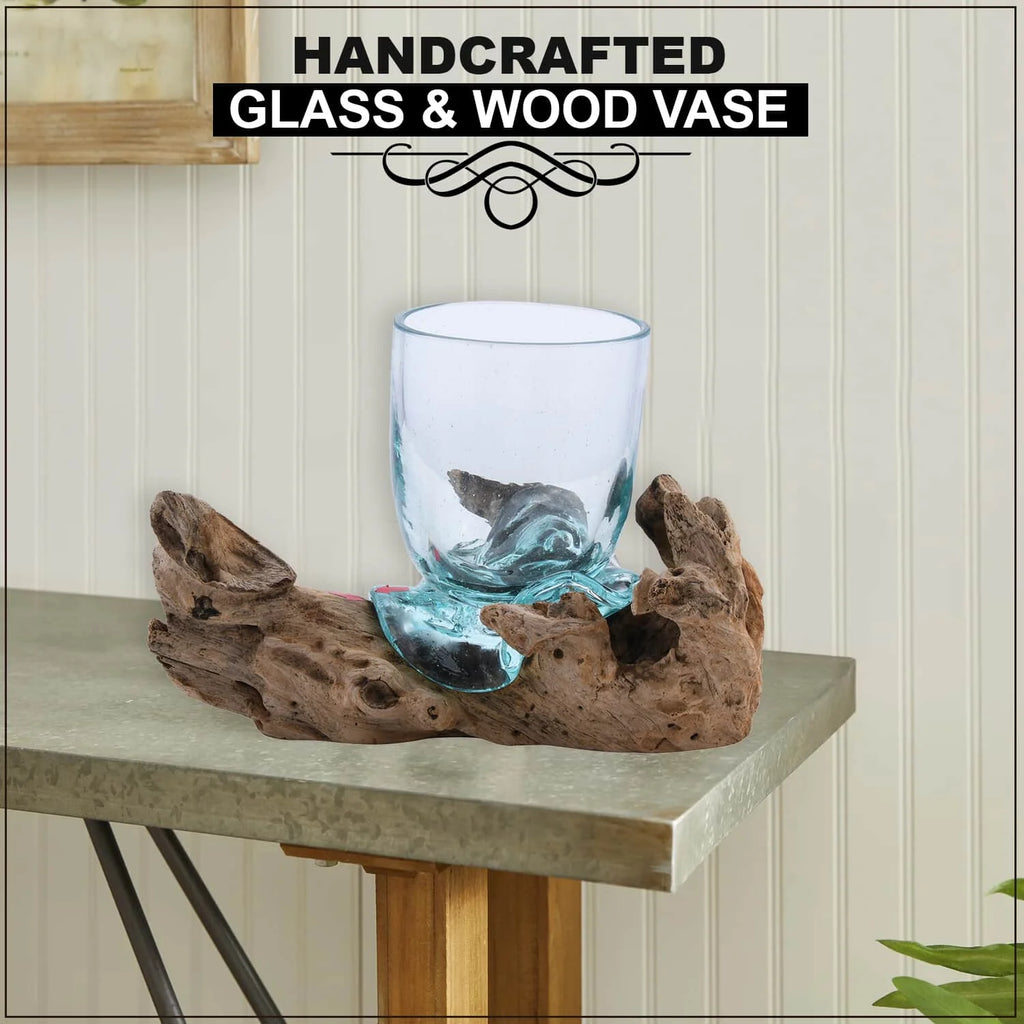 Handblown Molten Drinking Glass with Wood Base Z7206