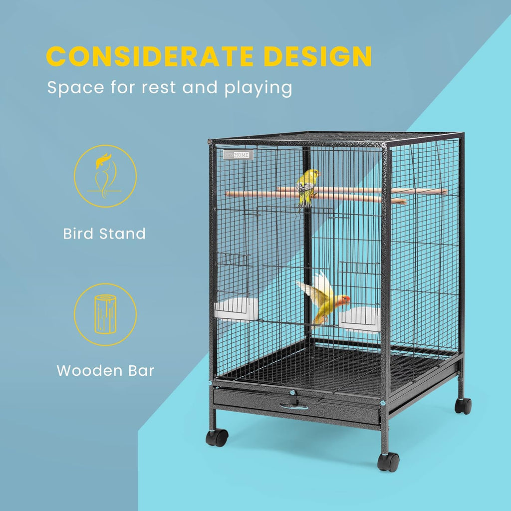 Green Garden Bird Bath and Solar Powered Round Pond Fountain with Wrought Iron Bird Cage with Rolling Stand I916931