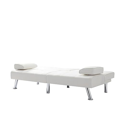 Beige Synthetic Leather Convertible Folding Sofa Bed with Metal Legs Q552