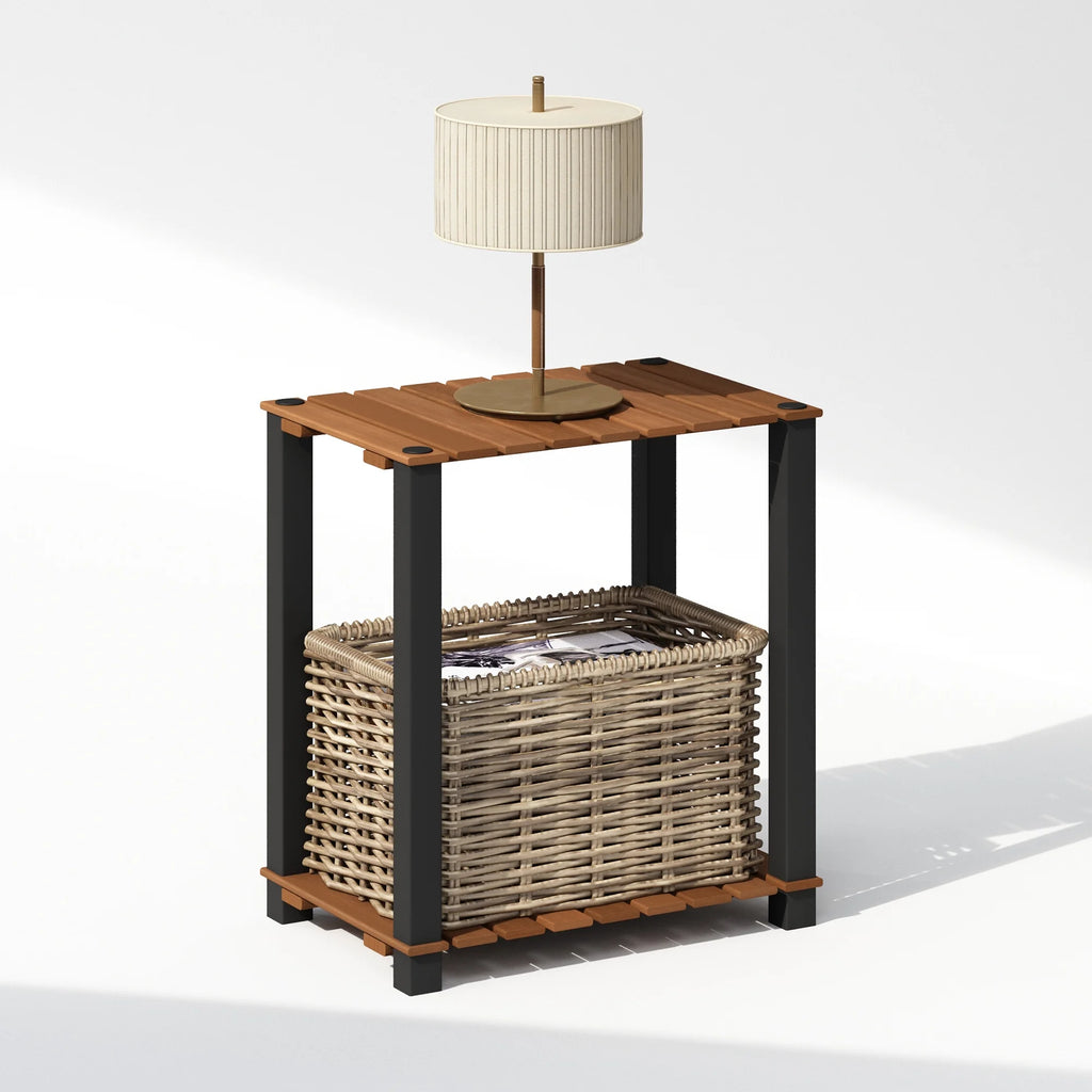 Natural Black 2-Tier Wood Slat End Table with Open Shelves A840