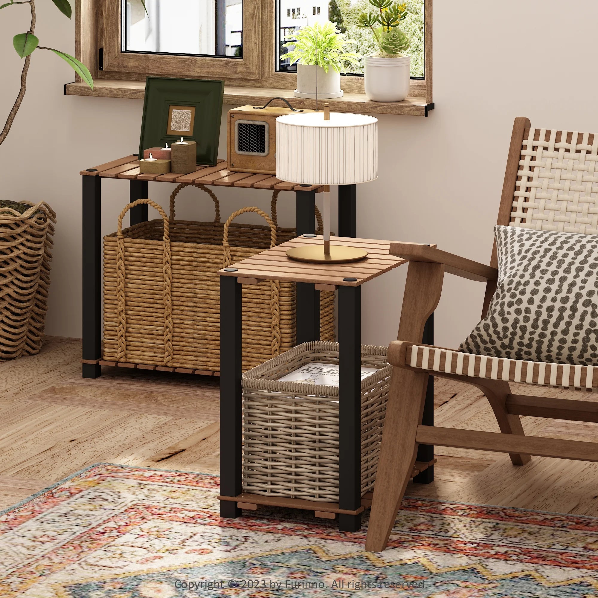 Natural Black 2-Tier Wood Slat End Table with Open Shelves A840