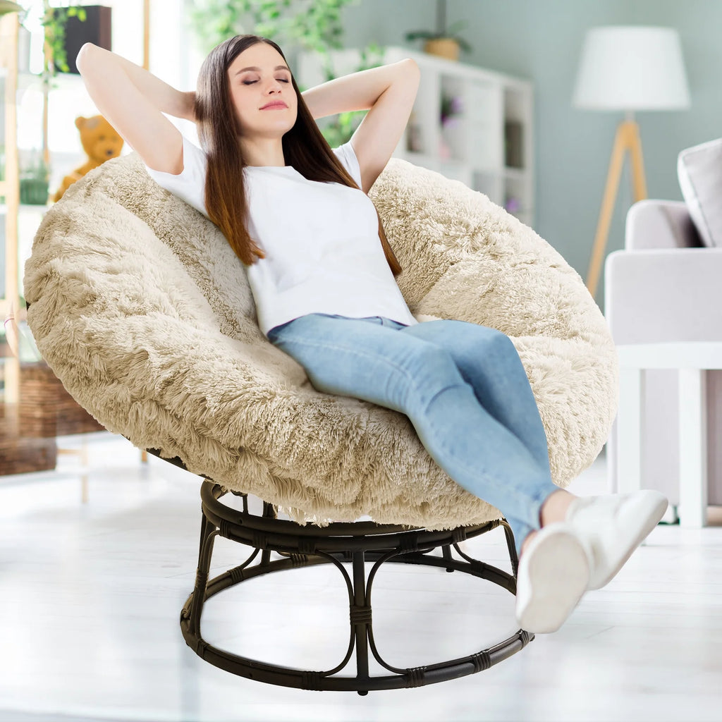 White 48X48 Inch Papasan Chair Cushion with Faux Fur Cover R53315