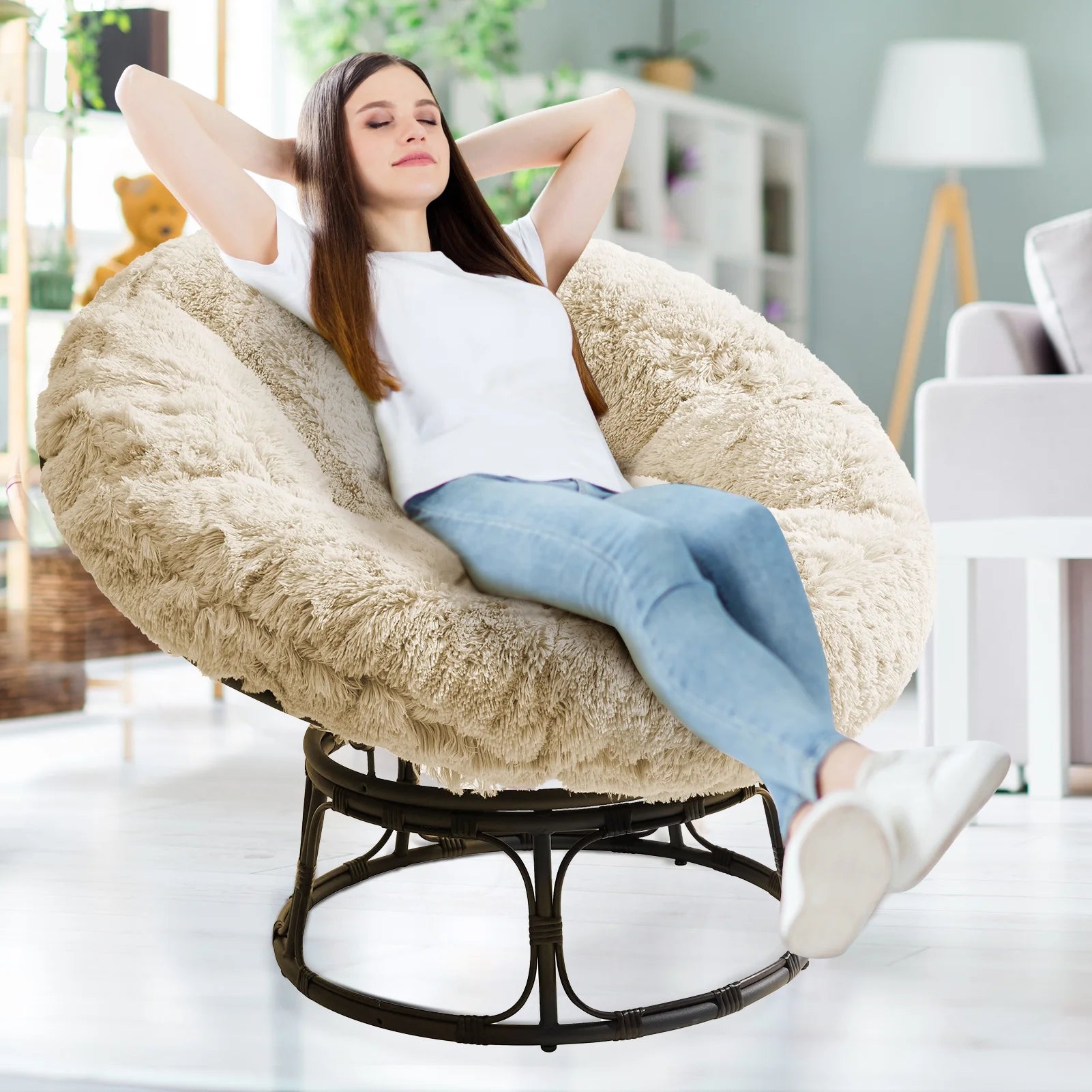 White 48X48 Inch Papasan Chair Cushion with Faux Fur Cover R53315