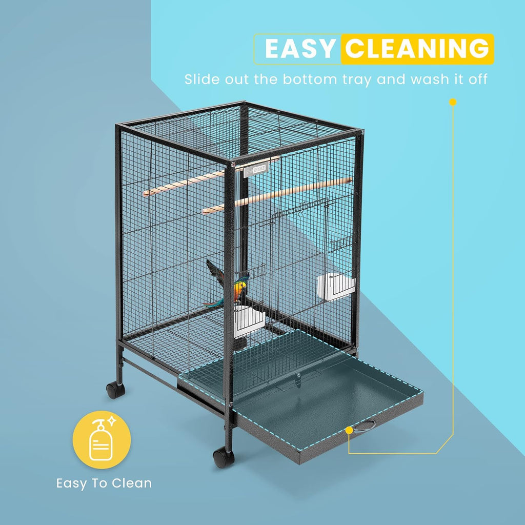 Green Garden Bird Bath and Solar Powered Round Pond Fountain with Wrought Iron Bird Cage with Rolling Stand I916931