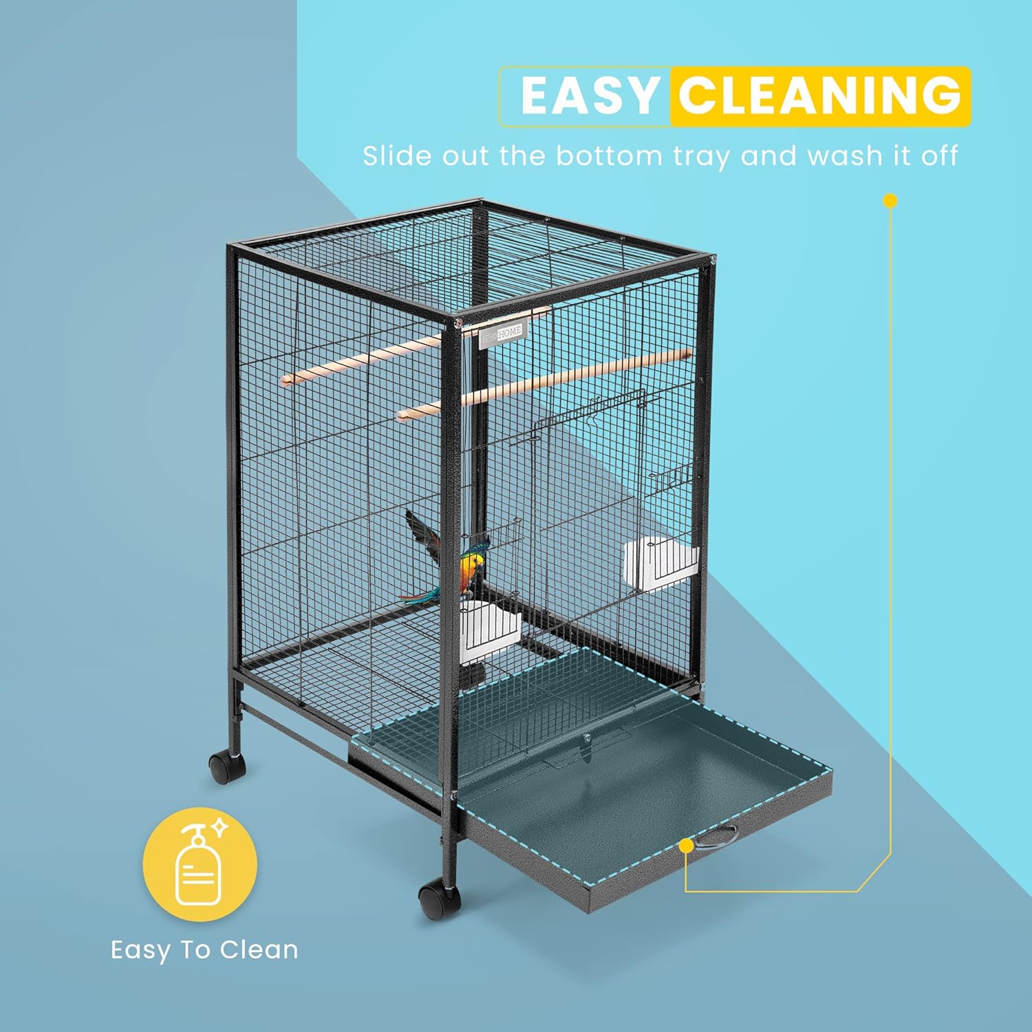 Green Garden Bird Bath and Solar Powered Round Pond Fountain with Wrought Iron Bird Cage with Rolling Stand I916931