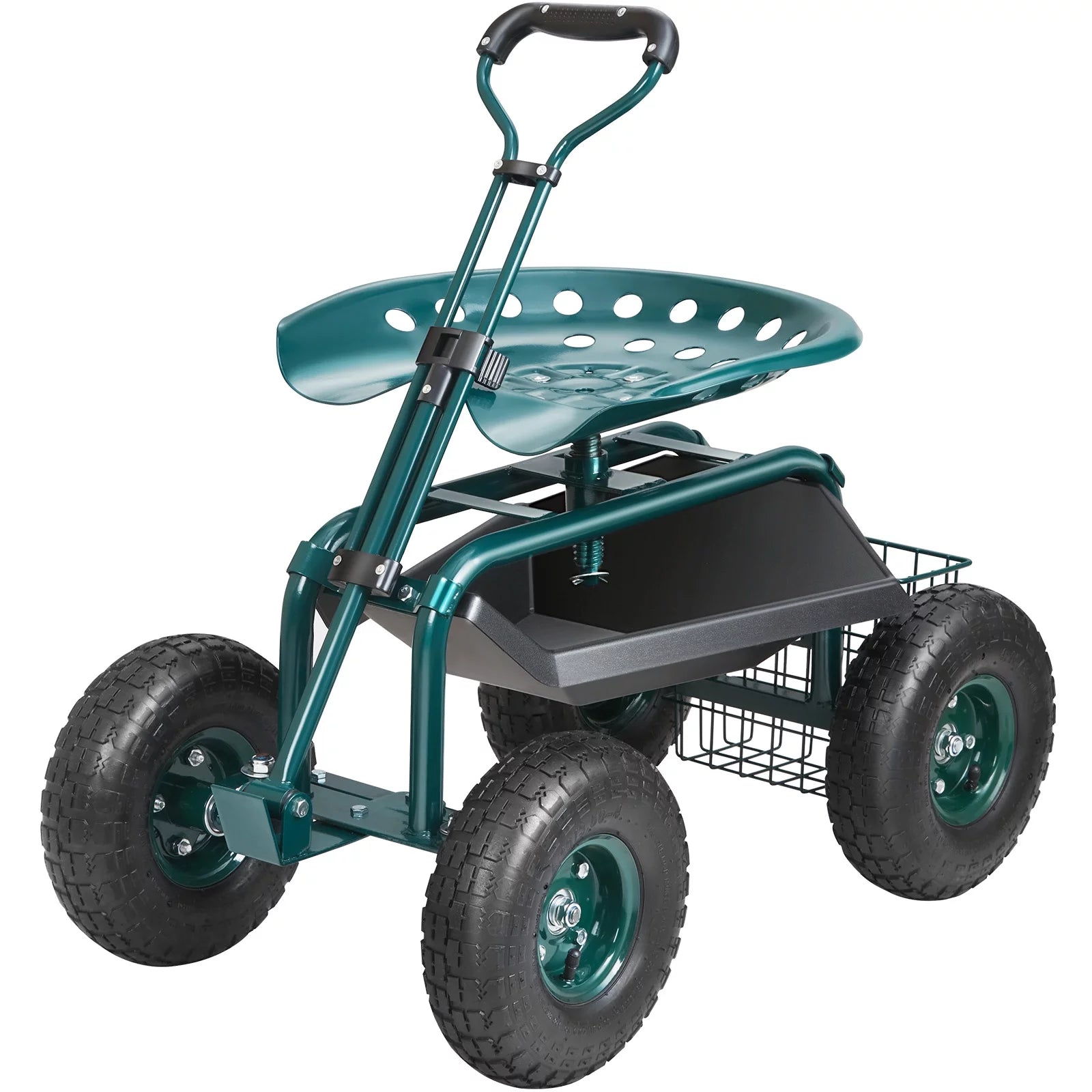 Garden Cart Rolling Workseat with Wheels, 360 Degree Swivel Seat, Steering Handle & Utility Tool Tray Y6931