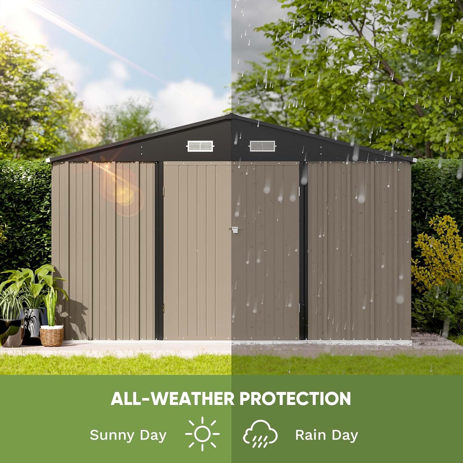 10 x 8 FT Metal Storage Shed with Sloping Roof and Double Lockable Door, Brown F4726