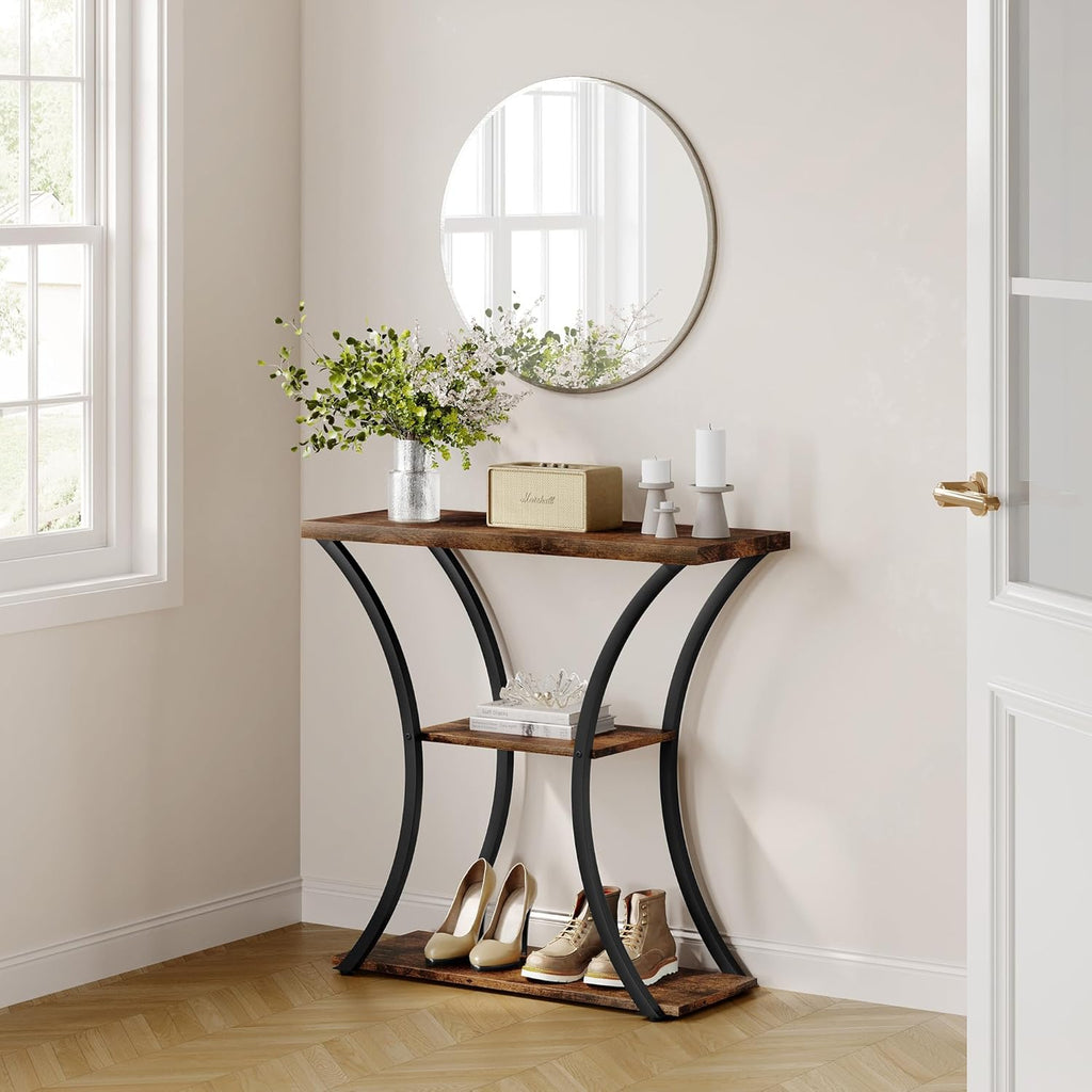 Rustic Brown+Black 3 Tier Console Table with Open Wood Shelves O949