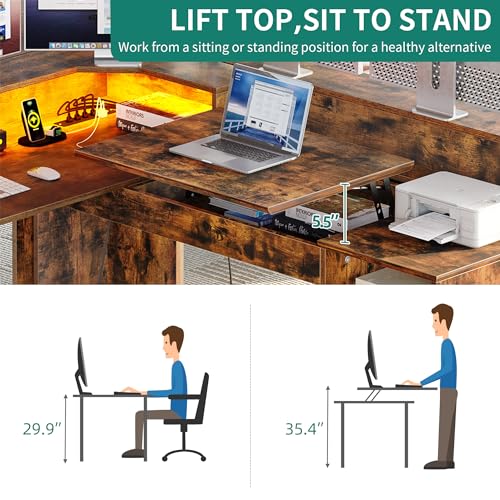 Grey L Shaped Desk with Power Outlets & LED Lights, 60" Computer Desk with Drawers & Lift Top, Height Adjustable Desk with File Cabinet I849088