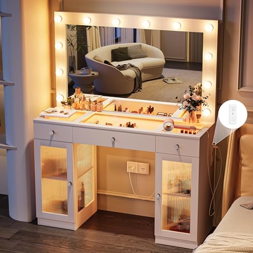 White Glass Top Vanity Desk with Large Mirror and Lights Z44470