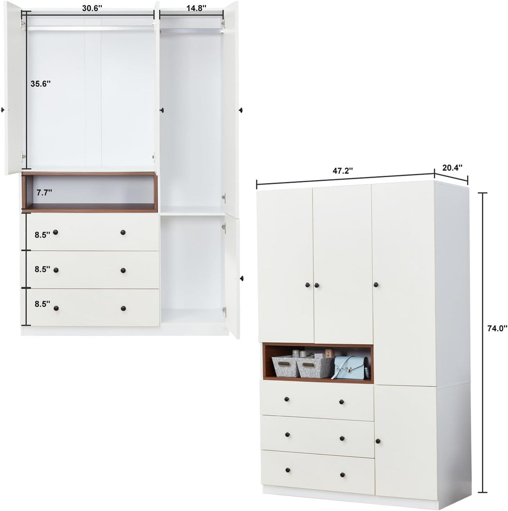 Wooden White 3-Door Armoire Wardrobe Closet with Hanging Rod Q362