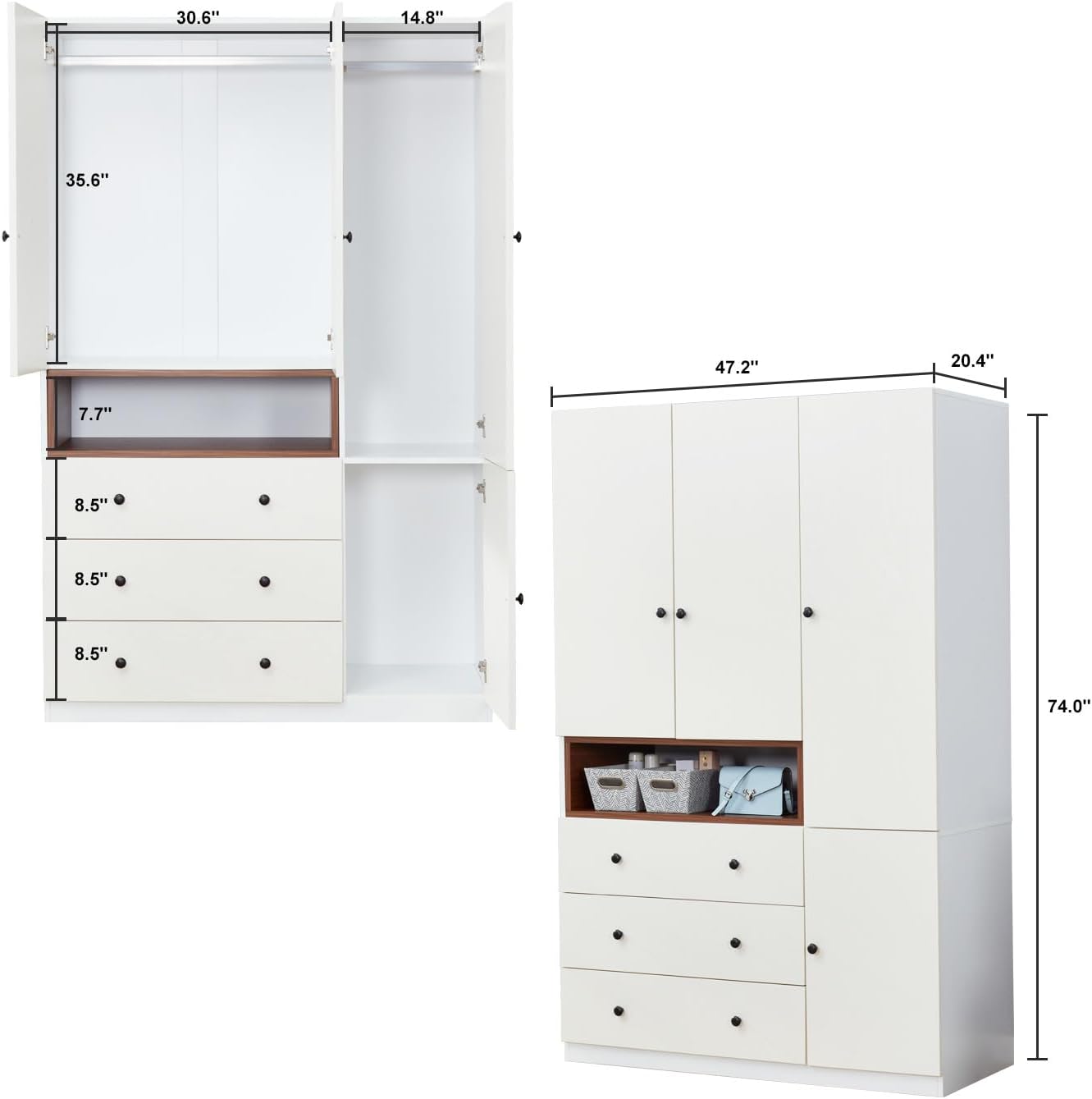 Wooden White 3-Door Armoire Wardrobe Closet with Hanging Rod Q362