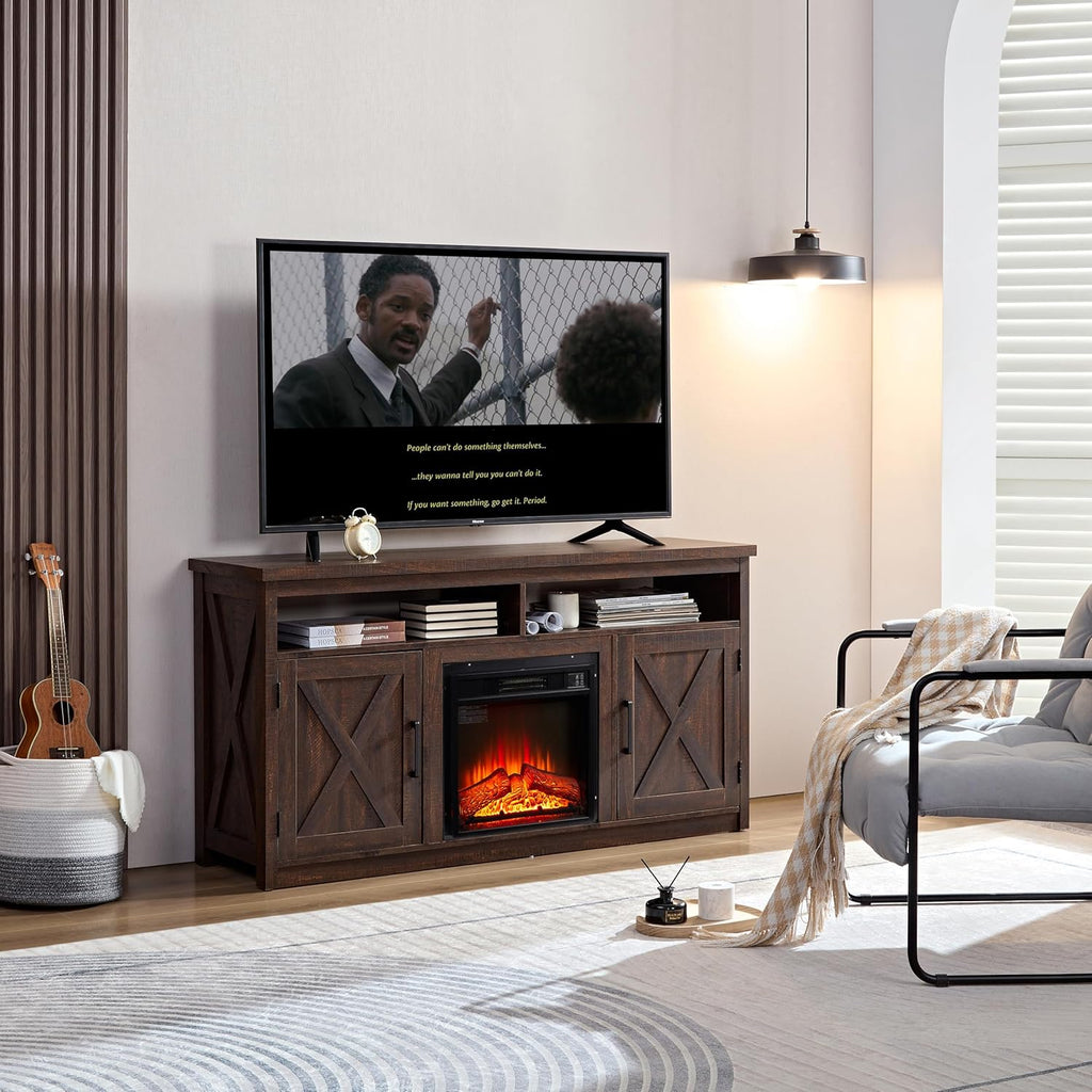 Farmhouse TV Media Stand with Fireplace Insert, Espresso I298258