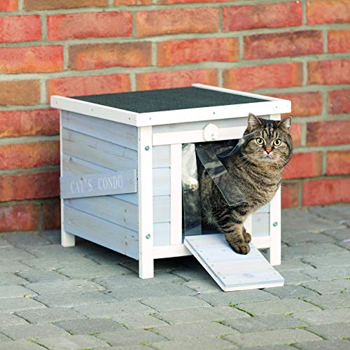 Gray & White Fir Wood Outdoor Cat House with Raised Floor and Hinged Asphalt Roof C528