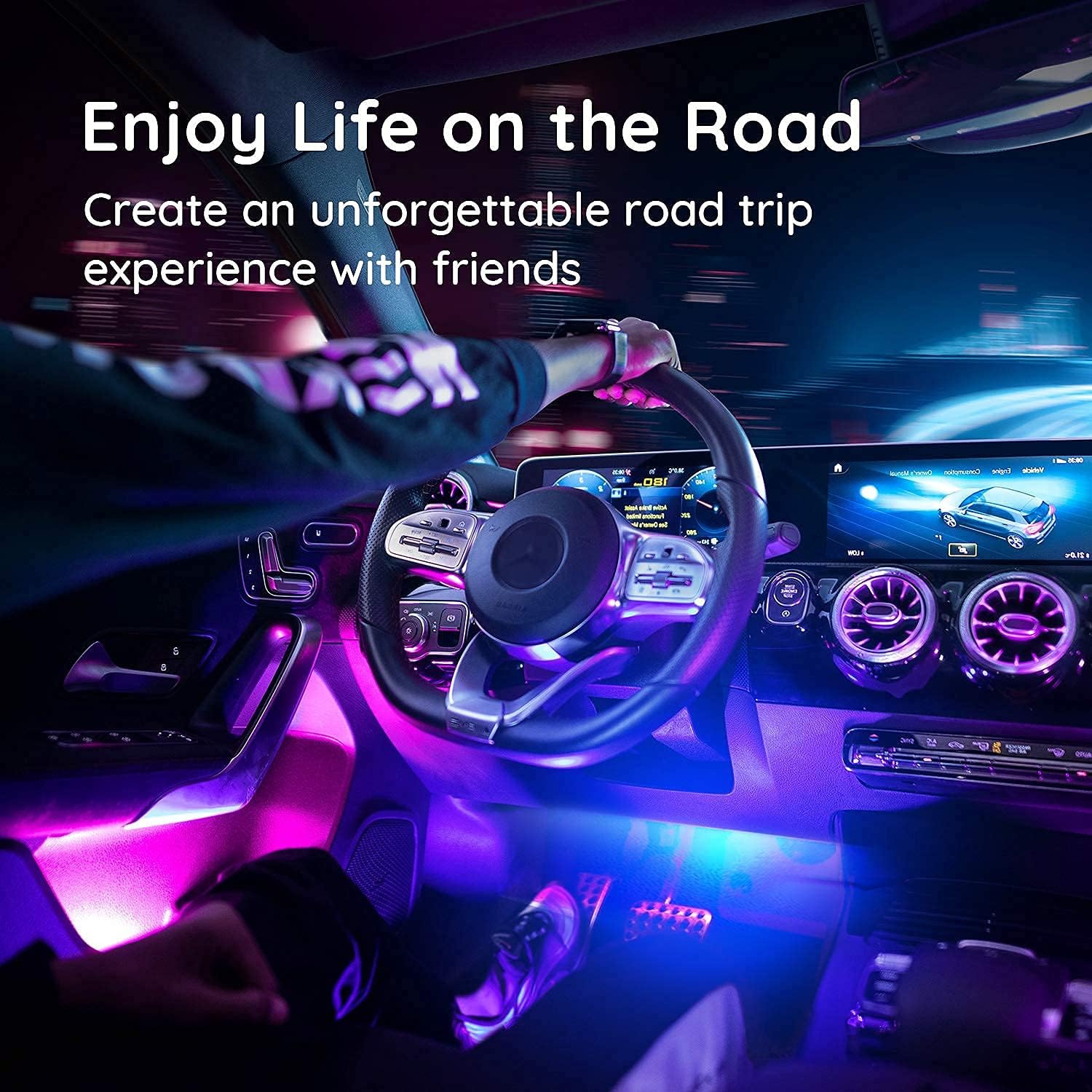 Car LED Lights with APP Control, Music Sync, 16 Million Colors, 2 Lines Design, RGB Under Dash Car Lighting with Car Charger, DC 12V A352