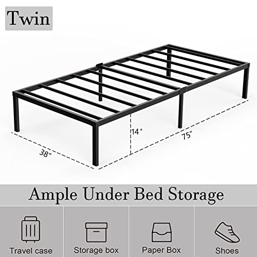 Twin Size Heavy Duty Metal Platform Bed Frame with Storage Space, 14 Inches F1780