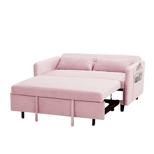 Pink Velvet Sleeper Sofa Couch Bed with Two Pillows I1282