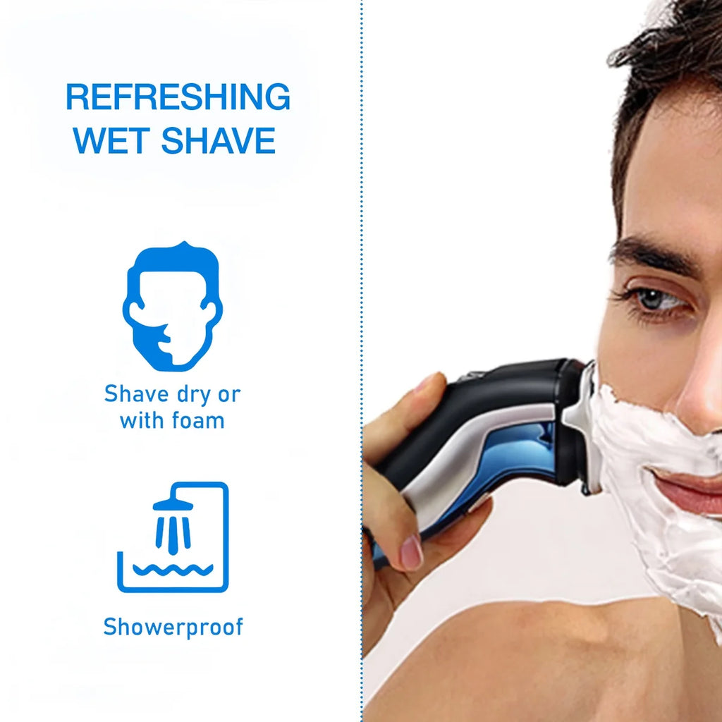 Blue IPX7 Waterproof Electric Razor with Pop-up Beard Trimmer Y601