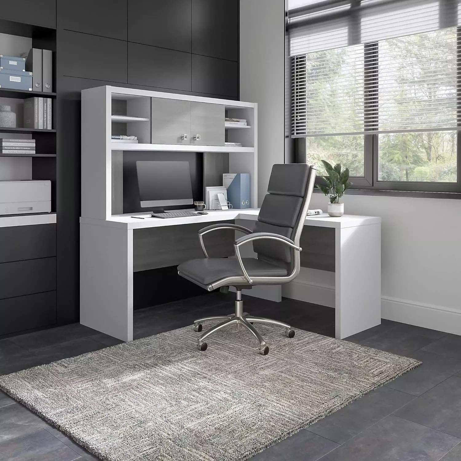 L-Shaped Desk with Hutch in Pure White & Gray I26701