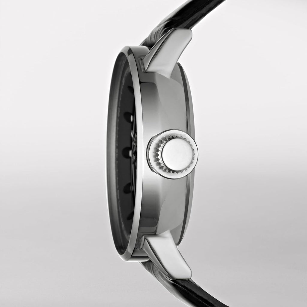 Silver Stainless Steel and Black Leather Band Automatic Watch E62894