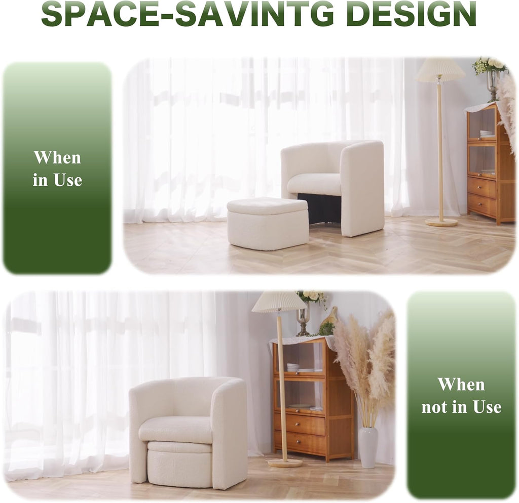 Cream Sherpa Fabric Barrel Chair with Storage Ottoman Set of 2 T3297