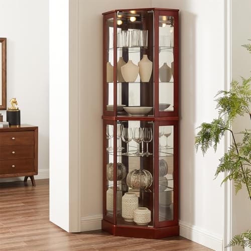 6-Tier Lighted Corner Curio Cabinet with Mirrors and Adjustable Shelves (Cherry) G426