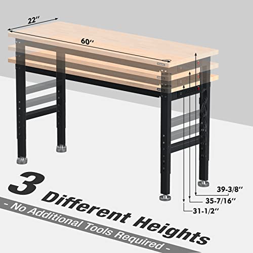 60" Adjustable Rubber Wood Top Heavy-Duty Workbench with Power Outlets Z7545