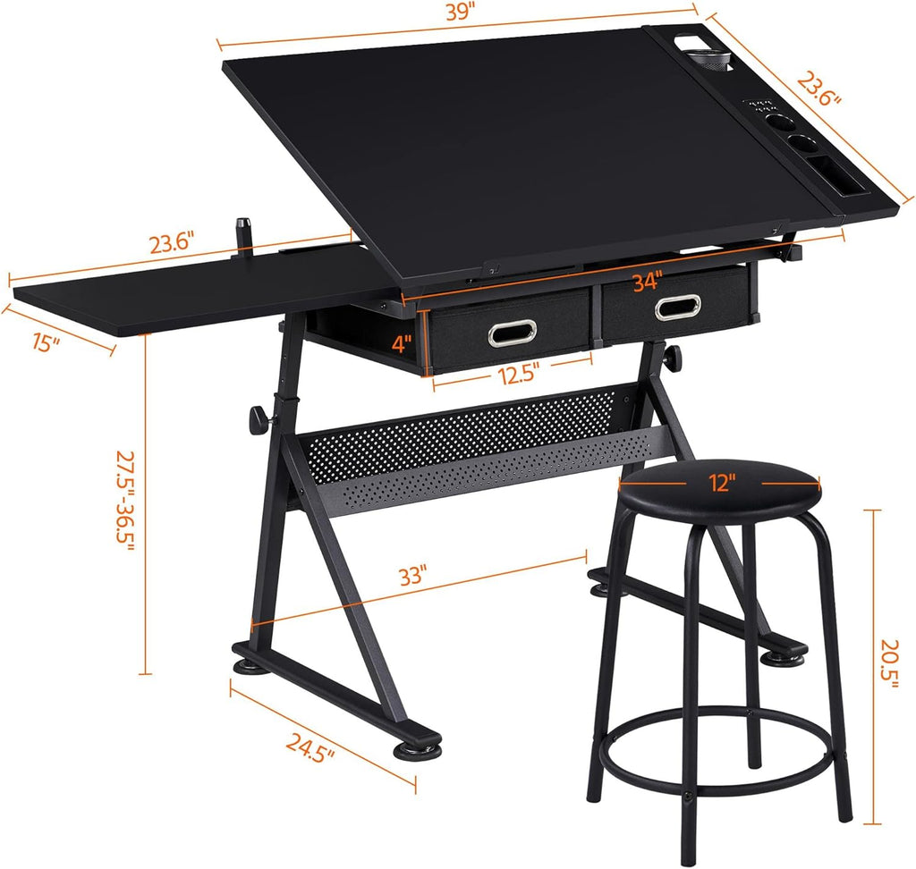 Height Adjustable Drafting Desk with Tiltable Tabletop and 2 Storage Drawers Y68050