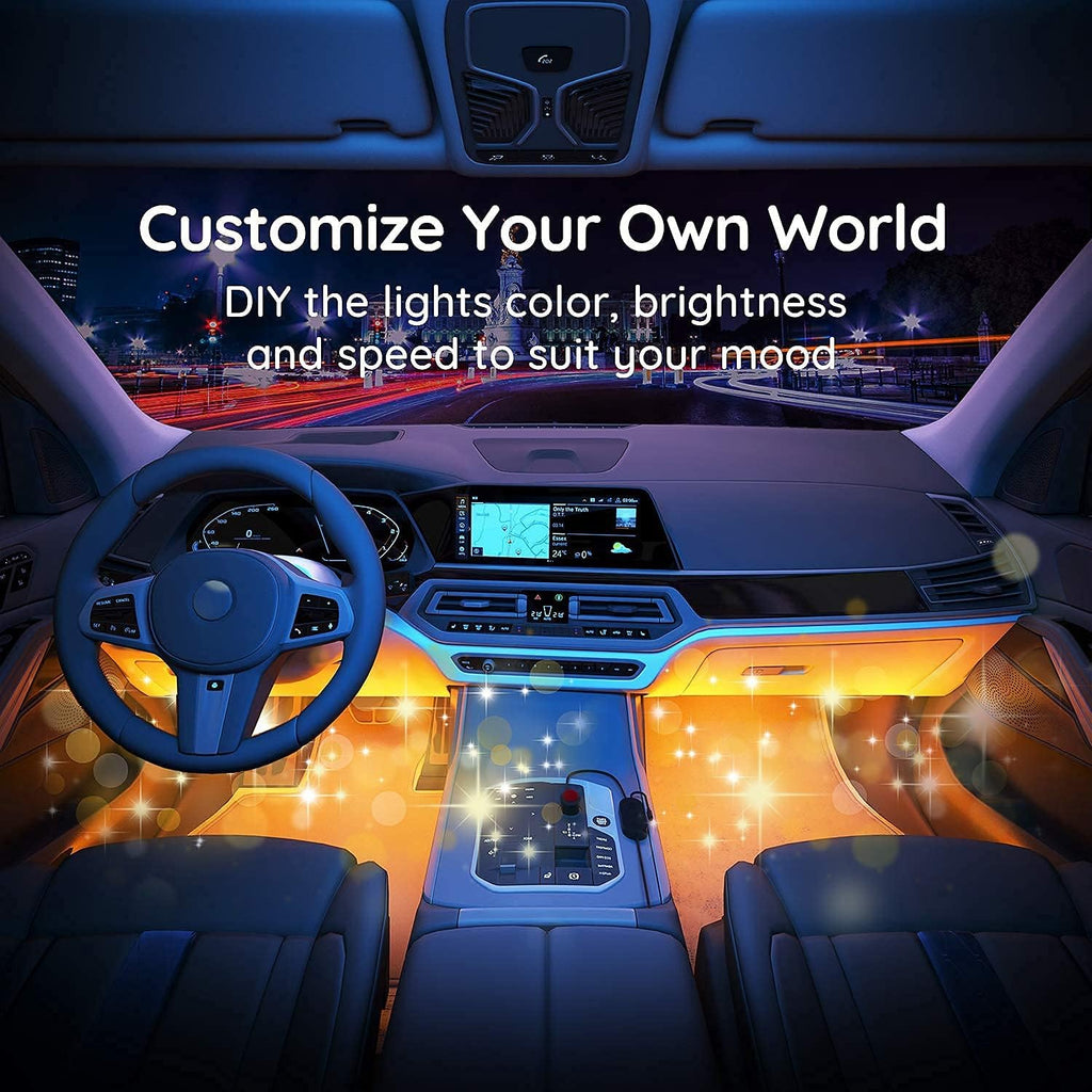 Car LED Lights with APP Control, Music Sync, 16 Million Colors, 2 Lines Design, RGB Under Dash Car Lighting with Car Charger, DC 12V A352